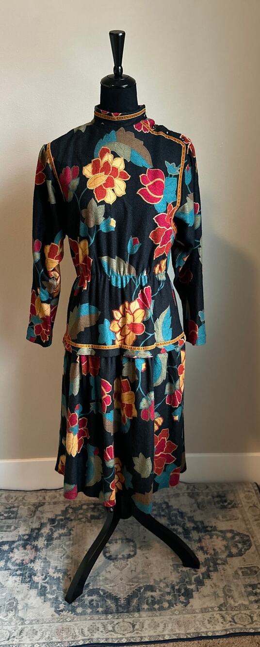 VINTAGE R. ATTAL PARIS Wool Floral Print Mock Neck Midi Dress Size 10